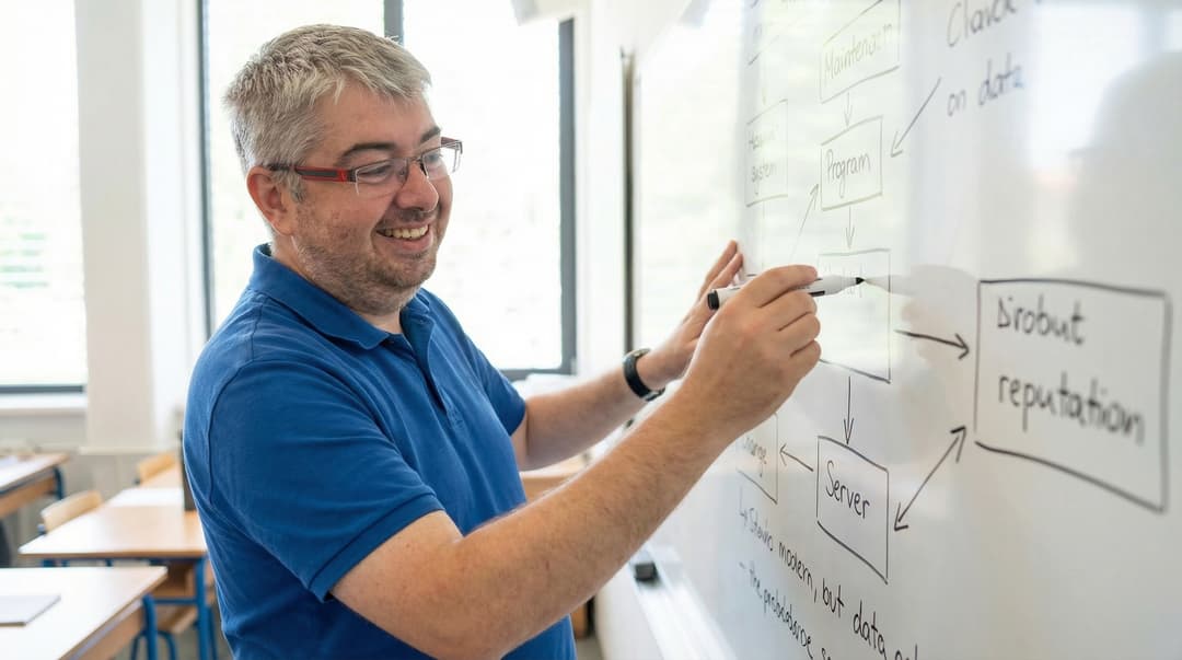 Miha explaining concepts on whiteboard