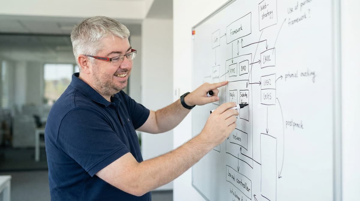 Miha working through strategy on whiteboard